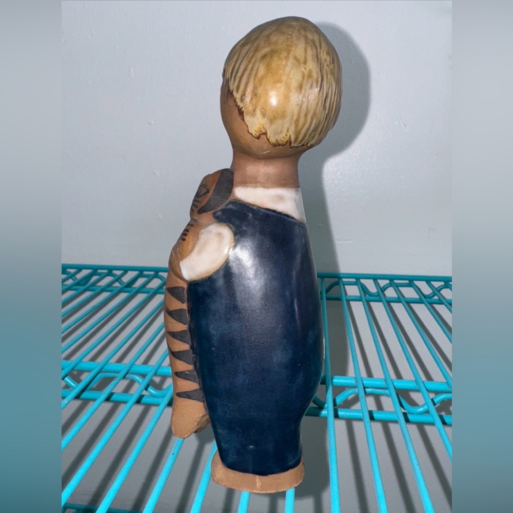 Vintage Lisa Larson Figurine Pelle Scandinavian Gustavsburg Sweden Boy With Cat - Picture 2 of 5
